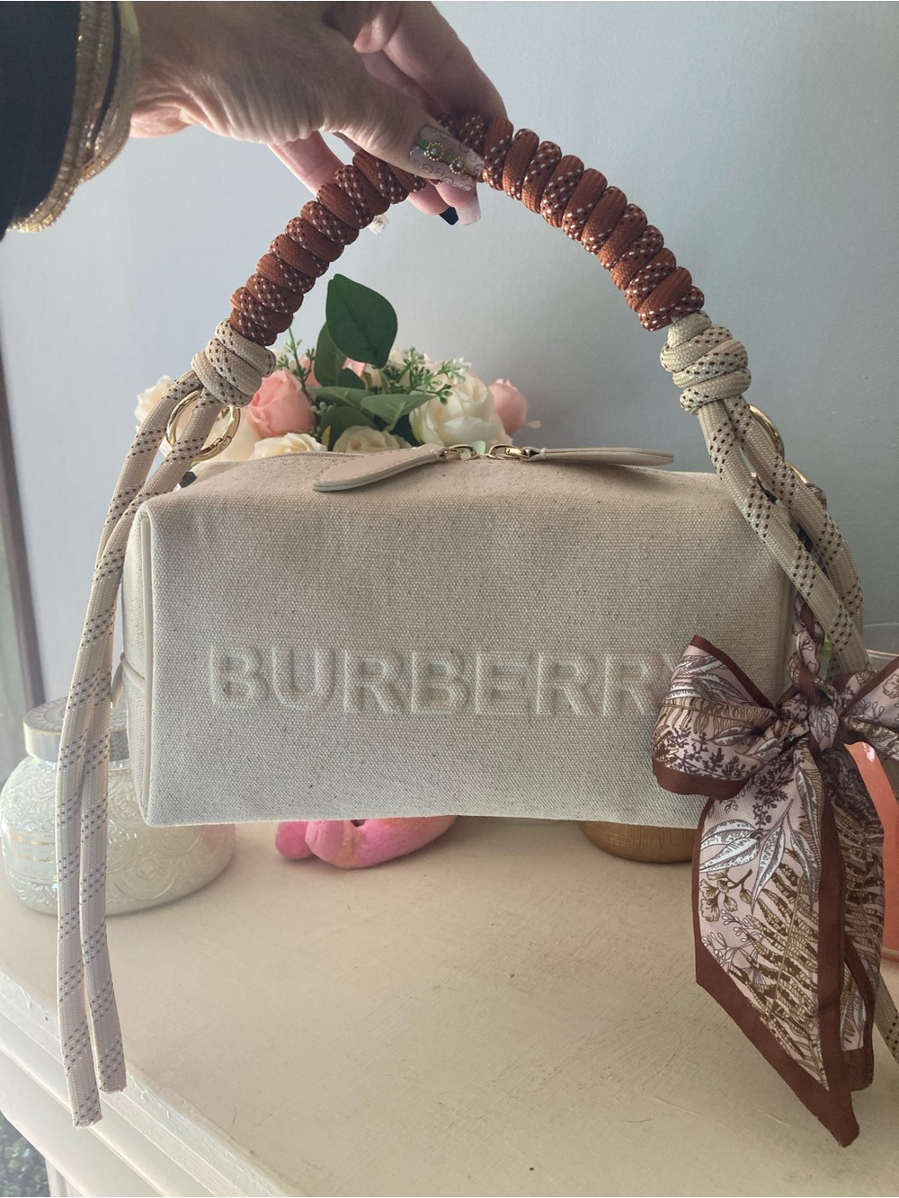 Burberry Cream Canvas Top-Handle Satchel with Brown Accents - Picture 2 of 8